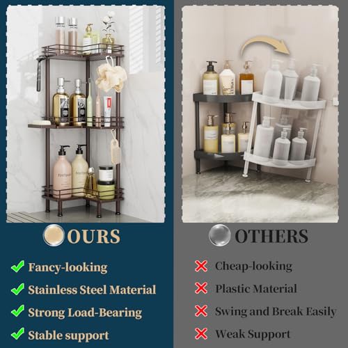 Image of Consumest Corner Shower Caddy Standing - 3-Tier Stainless Steel Shower Organizer with Soap Holder and 4 Hooks, Large Capacity Corner Shelf Stand for Bathroom, Rest Room, Bronze
