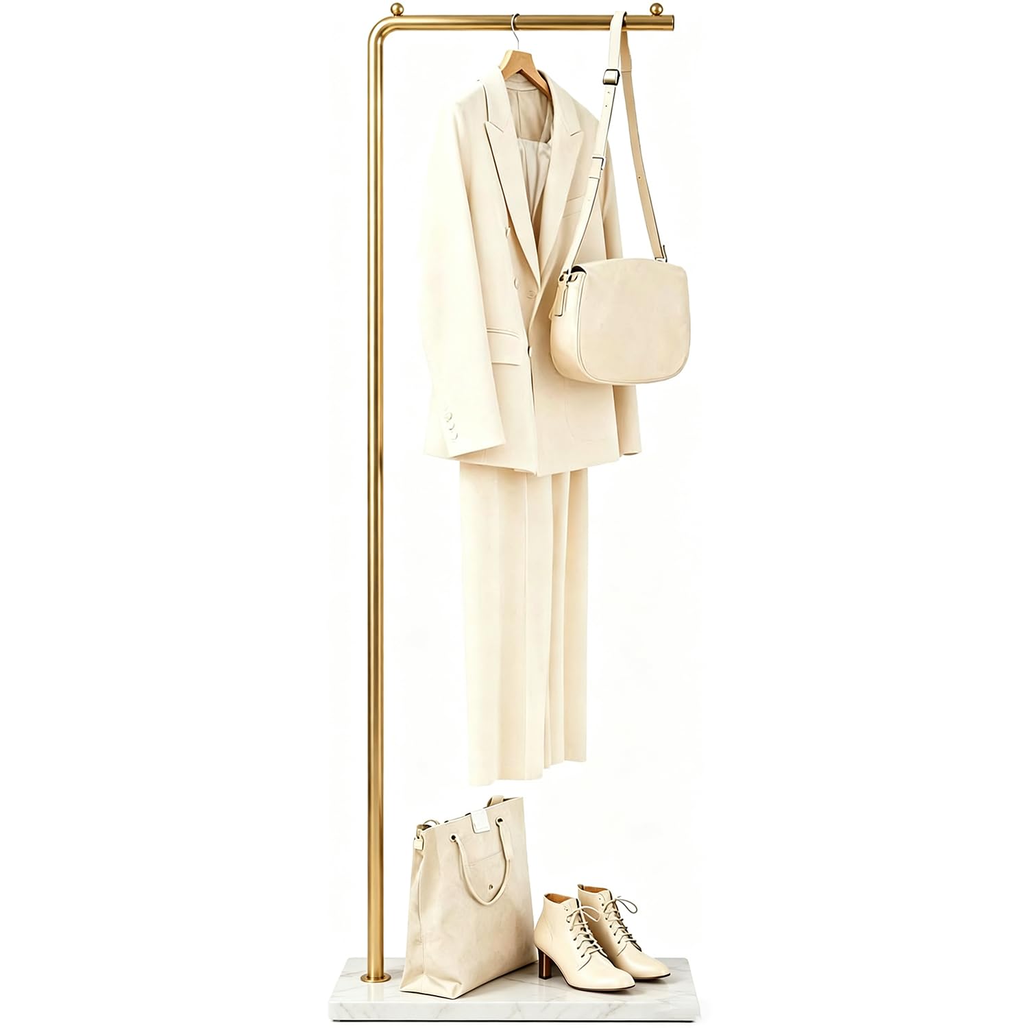 Metal Coat Stand,170cm L- Shape Freestanding Coat Rack with Stable Rock Base Clothes Stand, Suitable for Outerwear, Clothes And Bags, Used for Entrance, Bedroom, Living Room (Gold-White Stand)