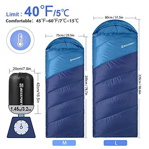 Bessport Saco de dormir 3 estações 4,4 °C/5 ℃ Saco de dormir leve repelente de água para uso externo