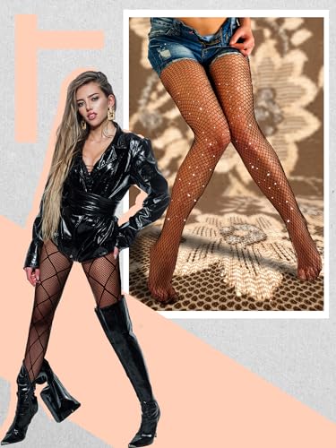Ramede 6 Pairs Rhinestone Fishnet Stockings for Women Thigh High Waist Sparkly Tights Mesh Glitter Pantyhose for Halloween2