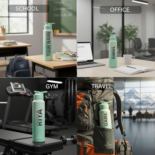 Image of Speedex Customised Stainless Steel Water Bottle 1 Ltr with Name - Personalised Engraved Sipper Cap Bottle for Kids, Men & Women, School, Gym, Office Dual Green, Set of 1