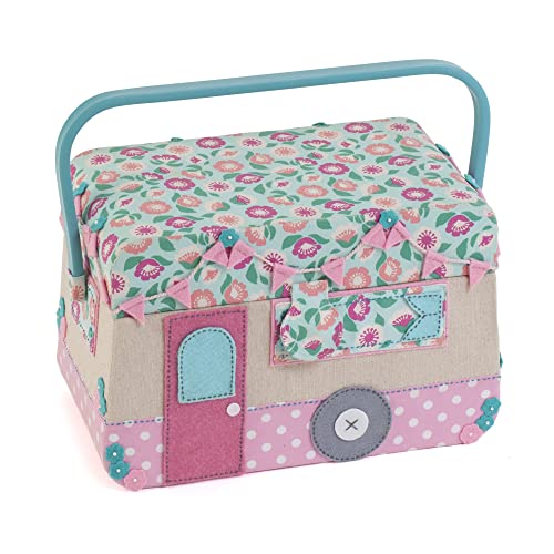 Image of Hobby Gift Caravan Sewing Box Craft Storage Basket with Handle Internal Accessories Tray for Sewing Knitting and Hobby Supplies