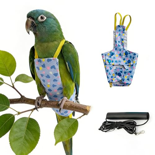 TCGIKLY Parrot Flight Suit with Elastic Leash 2-in-1 Vest & Traction Set Quick-Release Design 2 Colors (Blue Heart/Black Heart) Polyester 7.48x7.87in for Budgie Cockatiel Lovebird (Blue Heart)