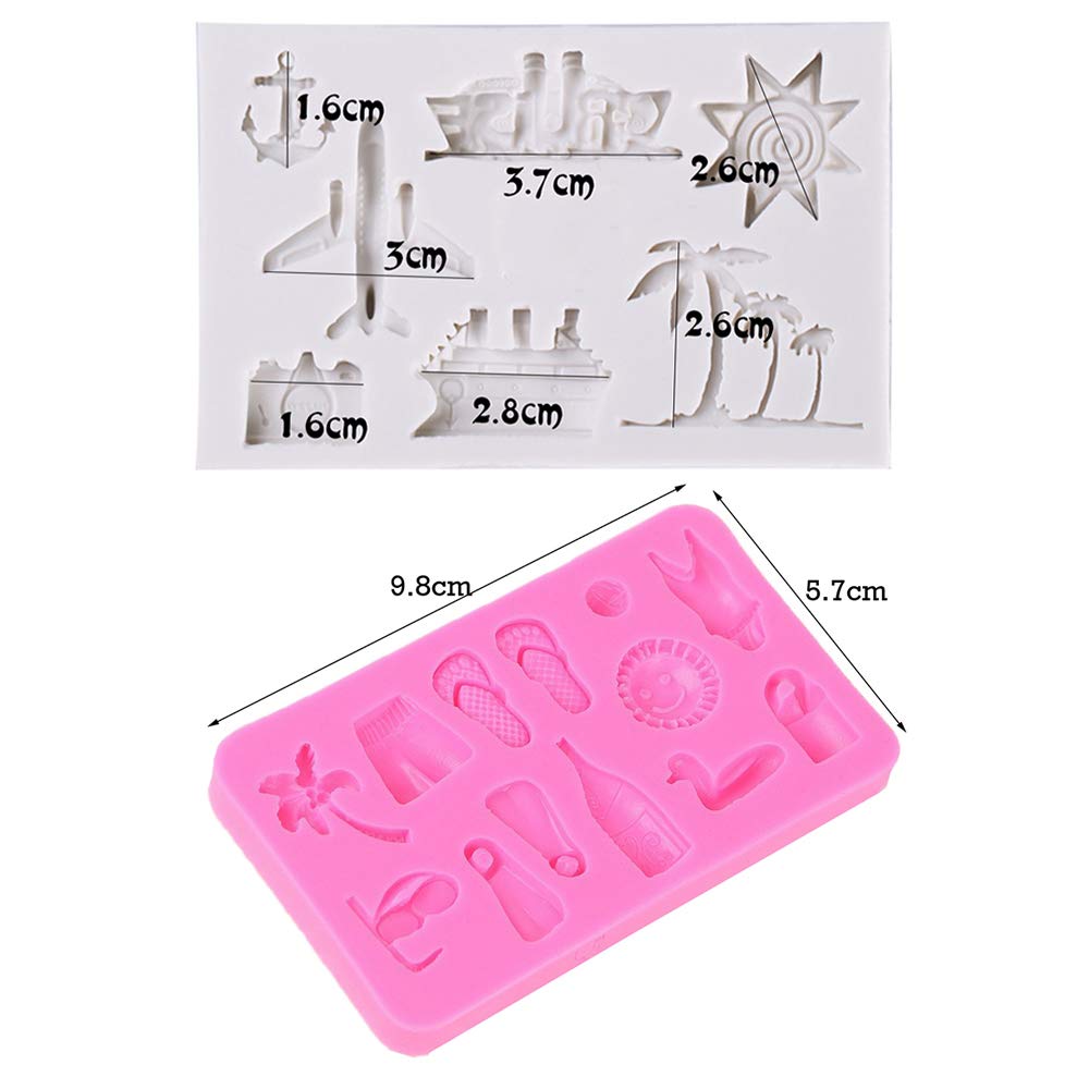 2Pcs/Set Summer Vocation Travel Fondant Molds, Seaside Holiday Silicone Mold for Cake Cupcake Decorating Polymer Clay Mould (Airplane Cruise Liner Camera Coconut Tree Sun Beach Slippers Swimsuit) - Image 3