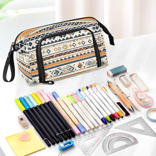 Image of Aztec Navajo Printed Pencil Pouch Zipper Pencil Case, Portable Pencil Bag with Carrying Handle Ideal Gift for Boy Girl Child Kids Student Pencil Stationery Storage