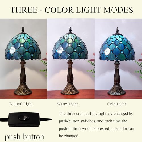 Image of Small Tiffany Table Lamp 8 Inch Blue Pearls Style Tiffany Style Stained Glass Antique Light Bedroom Bedside Lamp Retro Reading Light