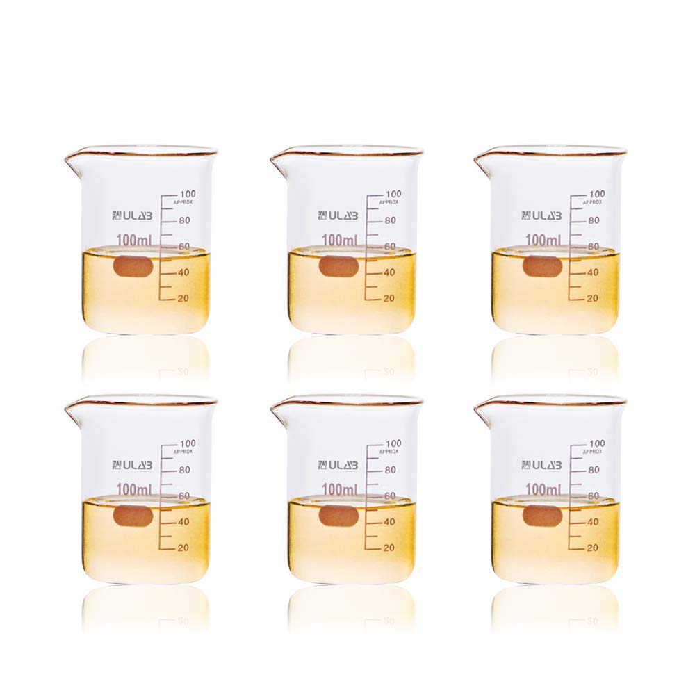 ULAB Scientific Glasbecher-Set, Vol. 100 ml, 3,3 Borosilikatgriffin, Niedrige Form mit Aufgedruckter Graduierung, 6er-Pack, UBG1014