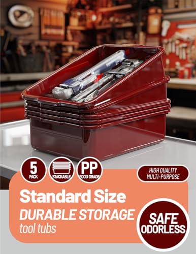 5-Pack Commercial Bus Tubs Box/Tote Box, Wine Red Plastic Storage Bin with Handles/Wash Basin Tub (8 Liter)