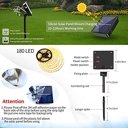Outdoor Solar LED Strip Lights,2022 Upgrade Cuttable Rope Lights -8 Modes 180 LED,Solar Powered Flexible Waterproof String Lights Warm White- Garden/Home/Patio/Courtyard