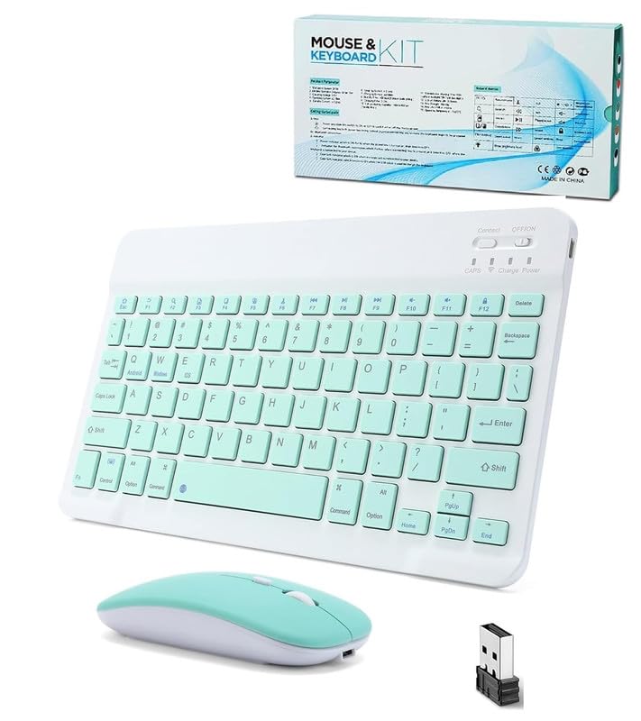 Bluetooth Keyboard Wireless and Mouse 2.4 USB Rechargeable Lightweight 10IN Universal Quiet Mini and Set for iPad, iOS, Mac, Windows, Android Tablet Laptop