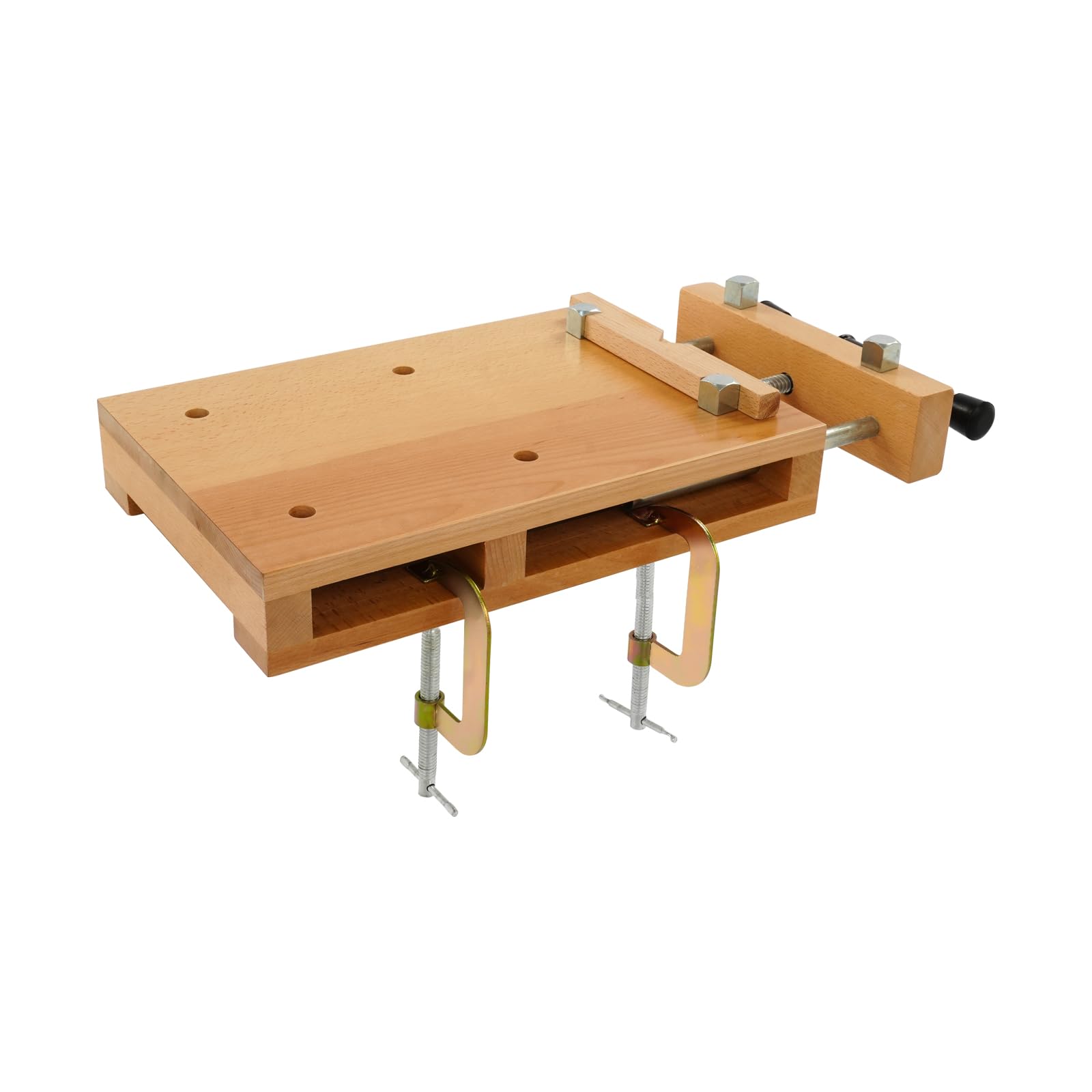 Banco di pialla in legno, 53 x 28 x 7 cm, banco da lavoro con morsa, clip a G regolabili 0-9 cm, apertura 0-14 cm, tavolo da lavoro portatile in legno di faggio per morsetti, pialla