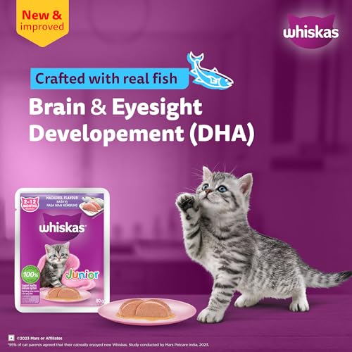 Image of Whiskas Junior Kitten (2-12 Months) Wet Cat Food, Mackeral Flavour, 80 g, 100% Complete & Balanced Nutrition, Supports Healthy Immune System (Pack of 7)