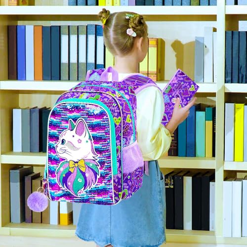 Image of CCJPX 16 inch Cat Backpack for Girls, 3Pcs Kids Sequin Bookbag with Lunch Box, Water Resistant Elementary School Bag for Kindergarten Preschool Toddler (Purple)