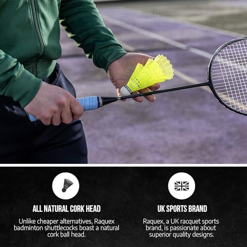 Raquex Badminton Shuttlecocks - Yellow/White, Tube of 6 - All Natural Cork Shuttlecocks, Nylon Feathers - Three Speed Options – Indoor Outdoor Durable Badminton Shuttles (77, Yellow) - Image 6
