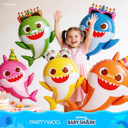 Image of PartyWoo Baby Shark Family Foil Balloons 13pcs Baby Shark Family Pink Round Star Mylar Happy Birthday Banner Letter Balloons for Boys and Girls Under the Sea Kids Birthday Party Decorations