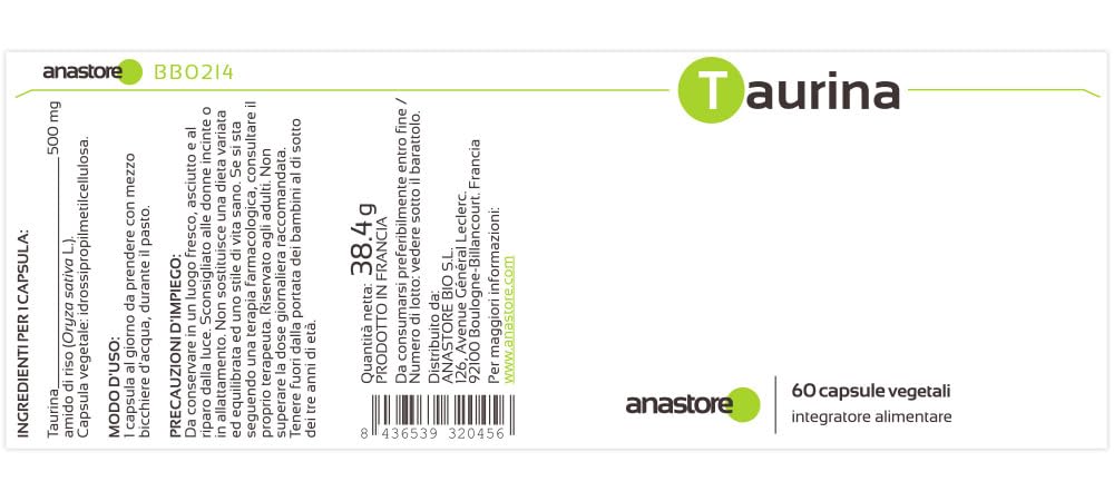 Taurina * 500 mg / 60 capsule * Adatto a vegani e vegetariani * Purezza garantita superiore al 99%