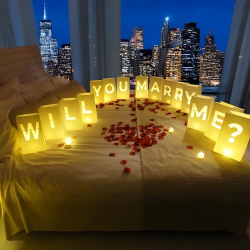Will You Marry Me? Luminary Bags with LED Tea Light Candles, Balloons, and Rose Petals – Romantic Decorations for Proposals, Anniversaries, and Special Moments