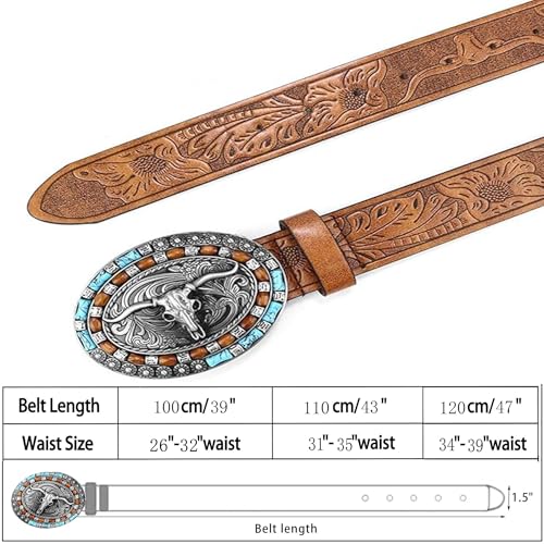 Women Western Cowboy Belt - PU Leather Longhorn Bull Turquoise Embossed Buckle Belt for Jeans Pants Dresses2