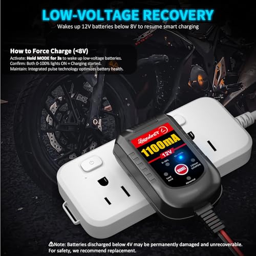 Image of 2 Pack Motorcycle Battery Charger 12V, 1.1Amp Trickle Charger and Maintainer - Smart Automatic Float Charger for Cruiser Sport Bike ATV Scooter Dirt Bike Lawn Mower, LiFePO4 Lead Acid AGM Gel