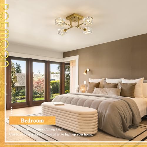 Image of Modern Gold Sputnik Chandeliers 4-Light Crystal Semi Flush Mount Ceiling Light Fixture Industrial 18 inch Chandelier for Hallway Entryway Kitchen Bedroom Dining Room