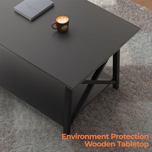 Image of GreenForest Coffee Table with Storage, 43 inch Large Modern Coffee Tables for Living Room, X-Frame Design Farmhouse Coffee Table Space Saving Living Room Tables, Easy Assembly, Black