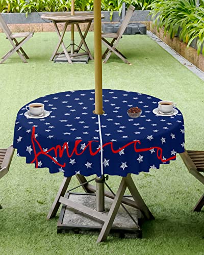 Round Outdoor Tablecloth with Umbrella Hole 54 Inch, Table Cloth Waterproof Tablecloths Patio Table Cover, Garden/Yard Table Covers with Zipper - Independence Day Stars and Stripes Stars Fireworks