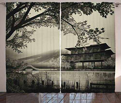 Ambesonne Asian Curtains, Long Exposure Chinese Building Traditional Japanese Picture Illustration, Living Room Bedroom Window Drapes 2 Panel Set, 108" X 63", Sepia Monochrome #TOP16
