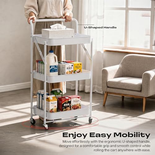 Image of Multipurpose Foldable Kitchen Storage Trolley with Handle | Heavy Metal 3-Tier Utility Cart for Storage | Portable Cart for Kitchen, Bedroom, Office | Kitchen Rack with Lockable Wheels (White)