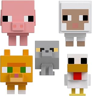 Minecraft Mini Action Figures 5-Pack, Mob Head Minis Farmland Friends Toy Set With Pixelated Design