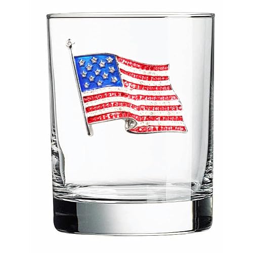 THE QUEENS' JEWELS American Flag Jeweled Double Old Fashioned, 14 oz. - Unique Gift for Women, Birthday, Cute, Fun, Cocktail, Not Painted, Decorated, Bling, Bedazzled, Rhinestone