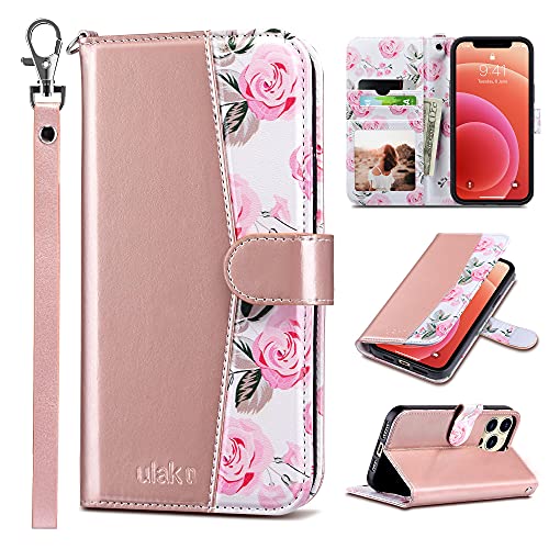 ULAK Compatible with iPhone 13 Pro Max Wallet Case for Women with Credit Card Holders Flower Pattern Flip PU Leather Kickstand Shockproof Protective Phone Cover for iPhone 13 Pro Max 6.7 Rose Gold
