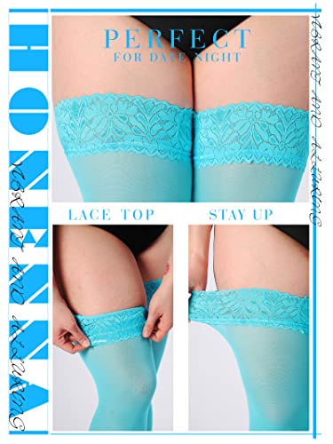 Image of HONENNA Plus Size Thigh High Stockings, Semi Sheer Stay Up Lingerie Lace Top Pantyhose for Curvy Women