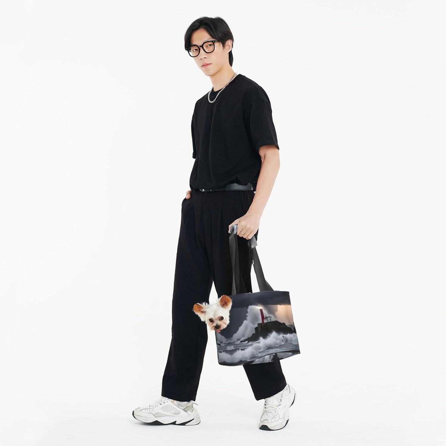 Lighthouse in Storm Print Portable Foldable Shoulder Bag for Travel,with Collar Hook and Handle Pad,Cute Stylish Design