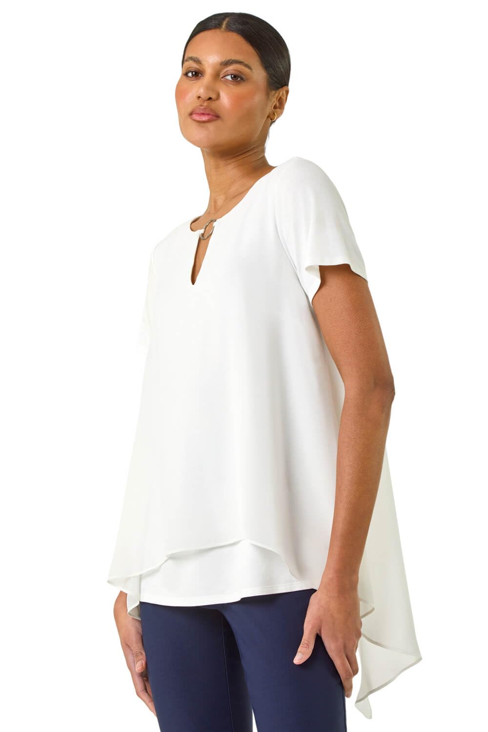 Roman Originals Women's Ivory Ring Front Chiffon Overlay Top For Uk - Everyday Holiday Spring Summer Round Neckline Comfy Soft Evening Vacation Work Party - Size 18