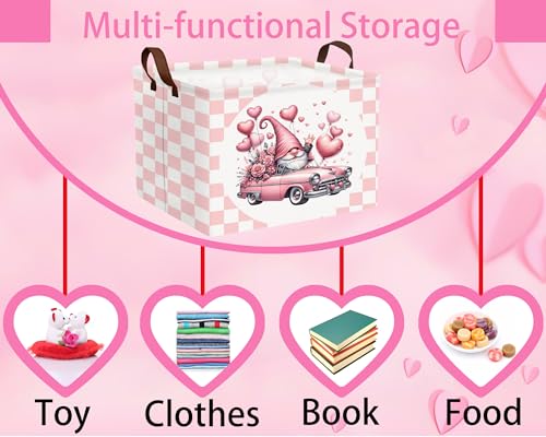 Image of Valentines Day Basket Large Foldable Heart Shaped Storage Box for Gifts Kids Empty Storage Bins Rectangular Toy Organizer Decor (Pink Gnome Car)