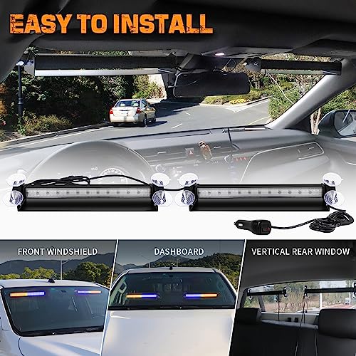 XRIDONSEN Emergency Dash Strobe Lights 144 LED Amber Blue Warning Hazard Safety 2X 14.5 inch Front/Rear Interior Windshield Lights w/Suction Cups Deck Split Mount for Vehicles Trucks - Image 6