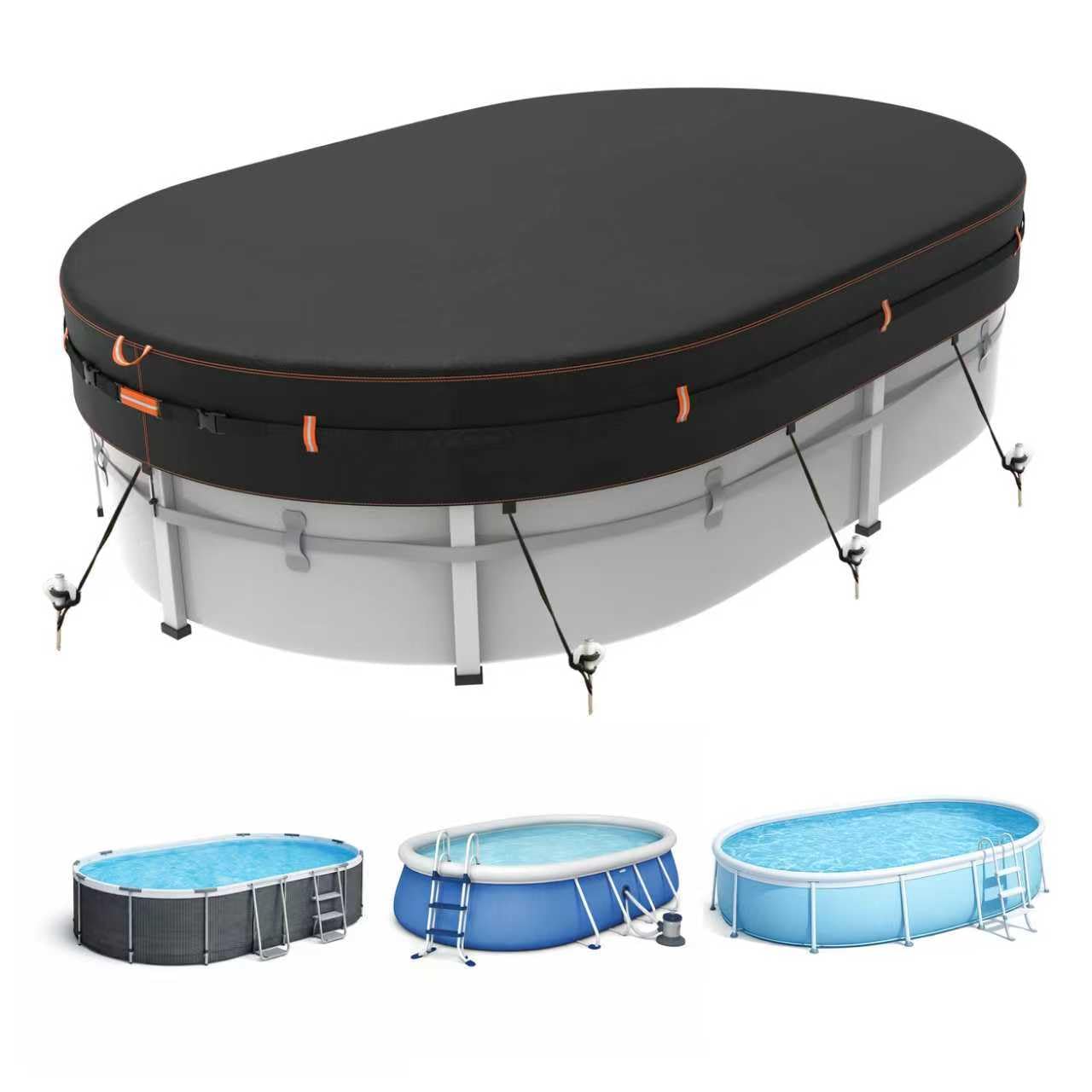 Neuradical 500D Oval Pool Cover for Above Ground Pools, Heavy Duty Tear-Resistant Swimming Pool Cover with Drawstring, Reinforced Strap & Ground Pegs, Windproof UV Protection for Outdoor Pools 12x18ft