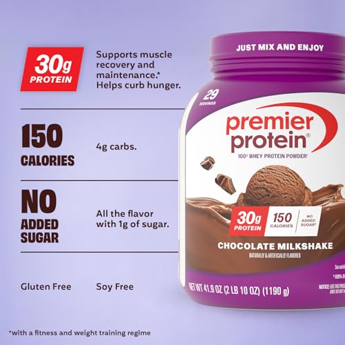 Image of Premier Protein Powder, Chocolate, 100% Whey, 30g High Protein, 29 Servings | No Added Sugar, Supports Muscle Health, Soy & Gluten-Free, 2.6 lb
