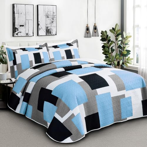 Image of Tyrot 3 Piece Light Blue Quilt King Size Blue White Bedding Set