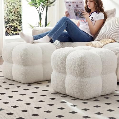 Image of Zesthouse Square Pouf Ottomans Set of 2, Modern Backless Vanity Stool for Bedroom, White Fuzzy Foot Rest for Couch, Upholstered Tufted Footstool, Sherpa Fabric Ottoman Coffee Table for Living Room