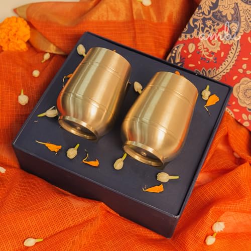 Image of Gift Set of 2 Lead Free 100% Pure Kansa Heavy Damru Glass - 330 ml Each | Festival Gift Box, Diwali Gifting, with a Beautiful Box | Gift Hamper