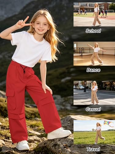 Image of SANGTREE Girls Parachute Pants Loose Lightweight Drawstring Waist Hip Hop Cargo Pants,6-16 Years