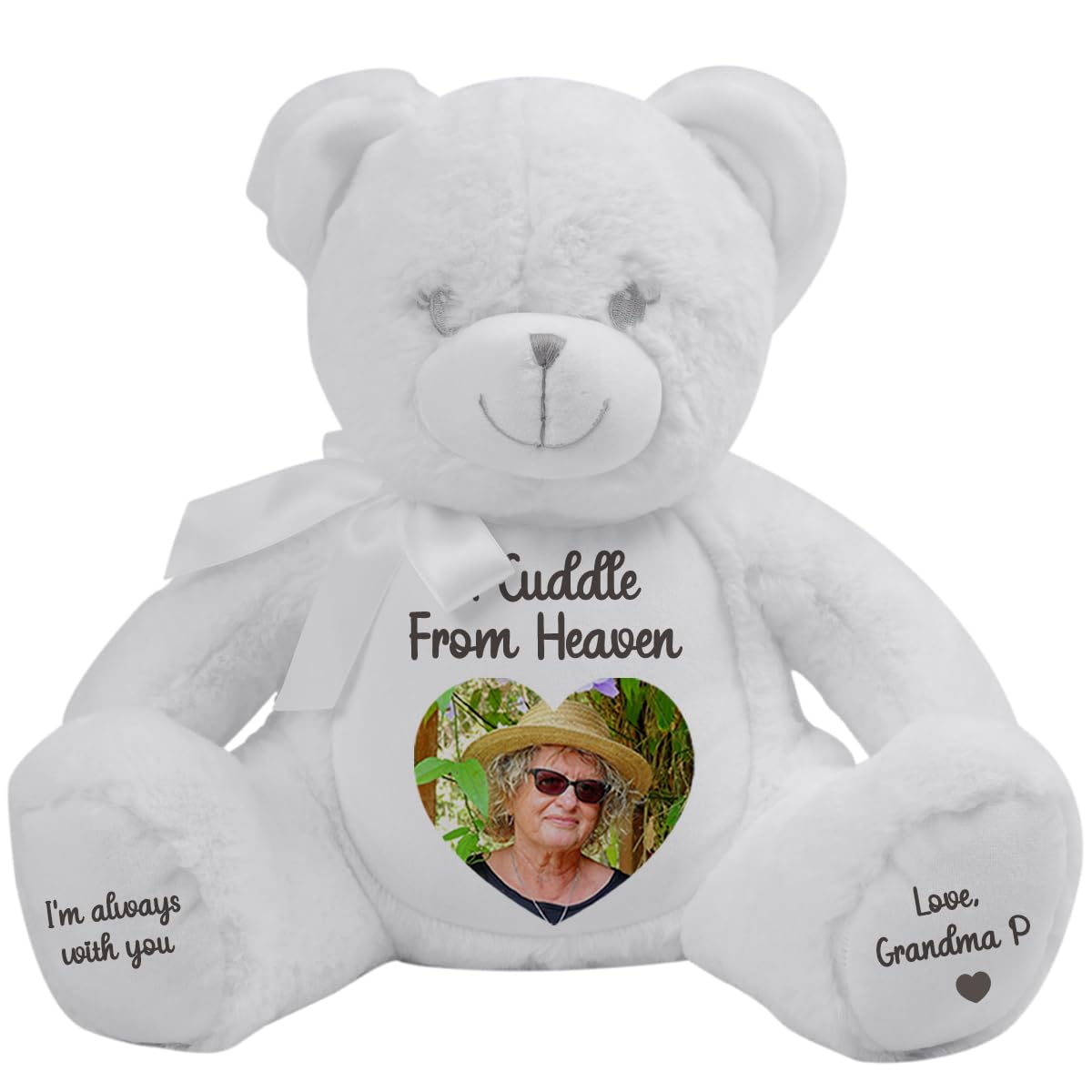 Personalised Memory Teddy Bear with Heart-Shaped Photo – “A Cuddle From Heaven” Keepsake Gift – 28 Bear Styles – Add Your Text & Choose Colour – Custom Memorial Bear (White Teddy)