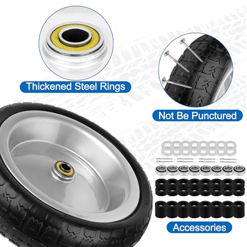 Image of 13 Inch Flat Free Wheels Tires 4.00-6 Solid Replacement with Universal 5 /8 inch Axle Bore Hole, 16 Spacers and 8 Pins, for Wheelbarrow, Garden Wagon, Hand Truck, Trolley, Lawn Mower, 4 Pack