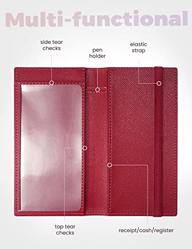 Image of Yarnic Checkbook Cover for Personal Checkbook, Checkbook Holder with Pen Holder & Built-in Clear Plastic Divider for Duplicate Checks (Dark Red)