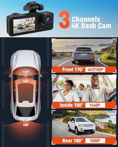 3 Channel Dash Camera, Dash Cam Front and Rear Inside, 4K UHD 170 Deg Wide Angle Dashboard Camera with 32GB SD Card, Built in IR Night Vision,Loop Recording,24H Parking Monitor, Accident Lock - 1
