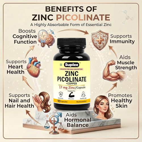 Image of Suplee Zinc Picolinate with Copper Gluconate | High Absorption Zinc Supplement | Immunity, Skin Health & Muscle Support | 90 Veg Capsules
