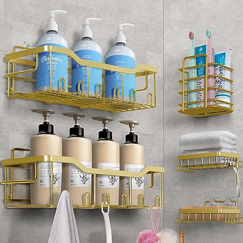Laimew Etagère Douche sans Percage, 5 PCS Etagere Rangement Salle de Bain, Etagere Salle de Bain sans Percage, Accessoire de Salle de Bain en Acier Inoxydable 304, Rangement Douche Doré