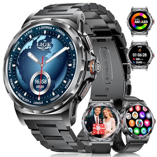 LIGE Militar relógio inteligente homem com chamadas Bluetooth/assistente de voz, 1,43" AMOLED Fitness Tracker com 100 modos desportivos, Smartwatch para iOS Android, calorias/podómetro, aço preto