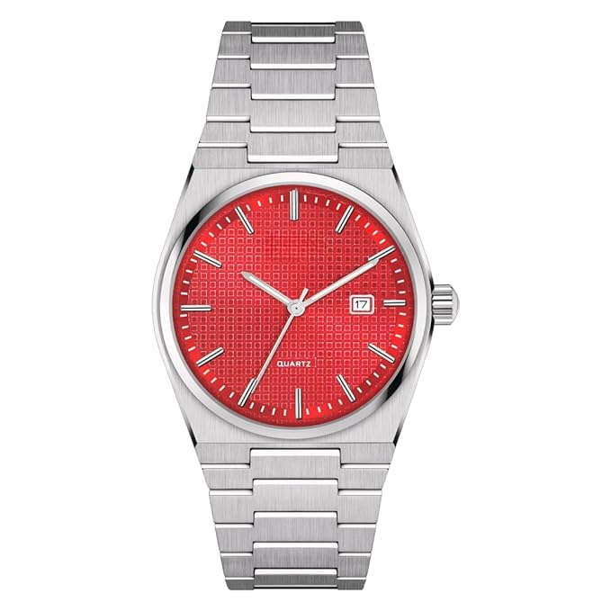 NIJAMRUT Silver Chain Watch with Day and Date Display Watch for Boys Analog Watch - for Men (RED) (B0D33MYRJP) Amazon Price History, Amazon Price Tracker